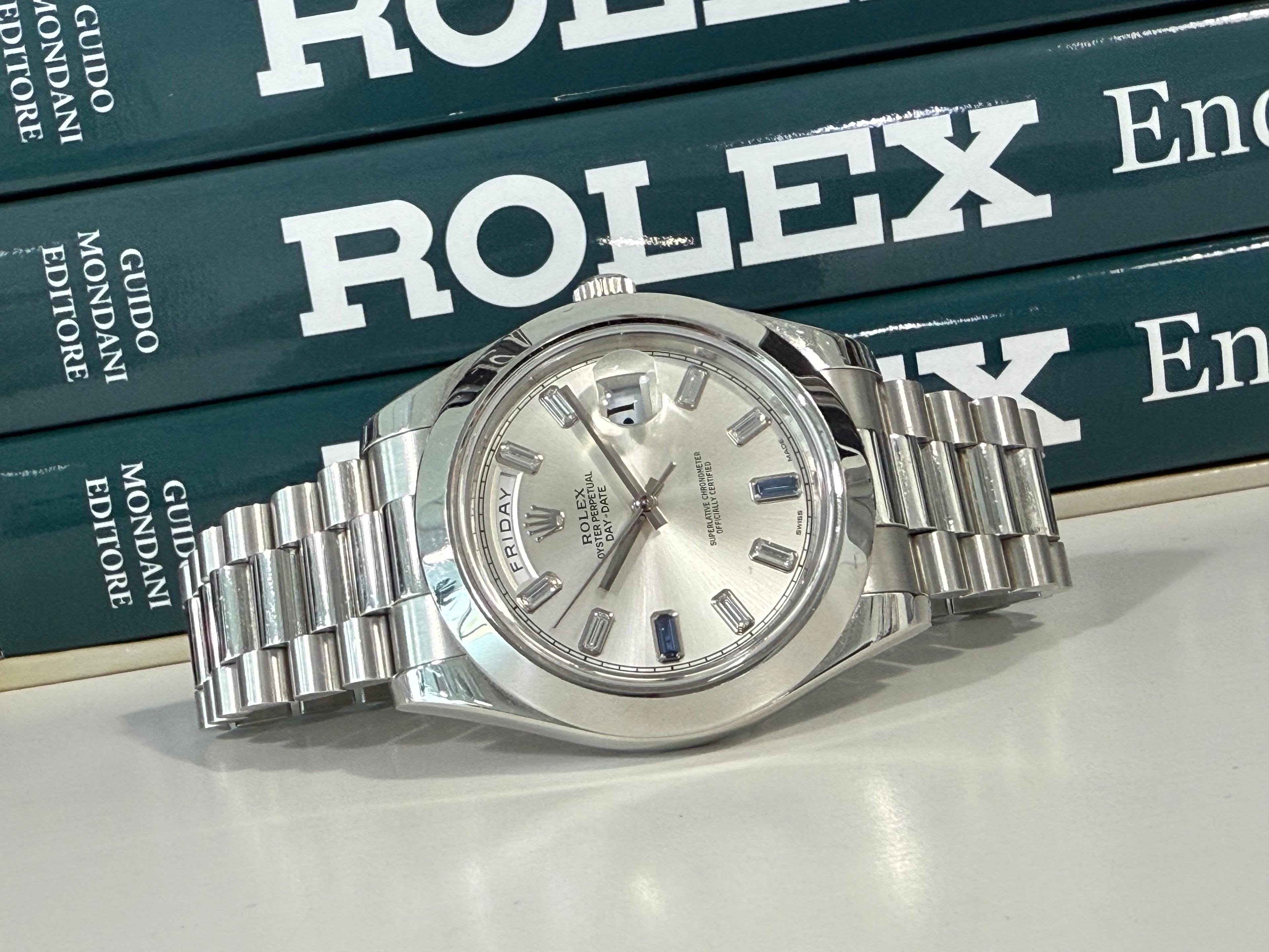 Oyster Perpetual Day Date Platinum Silvery Dial Diamonds Sapphire Indexes - 218206