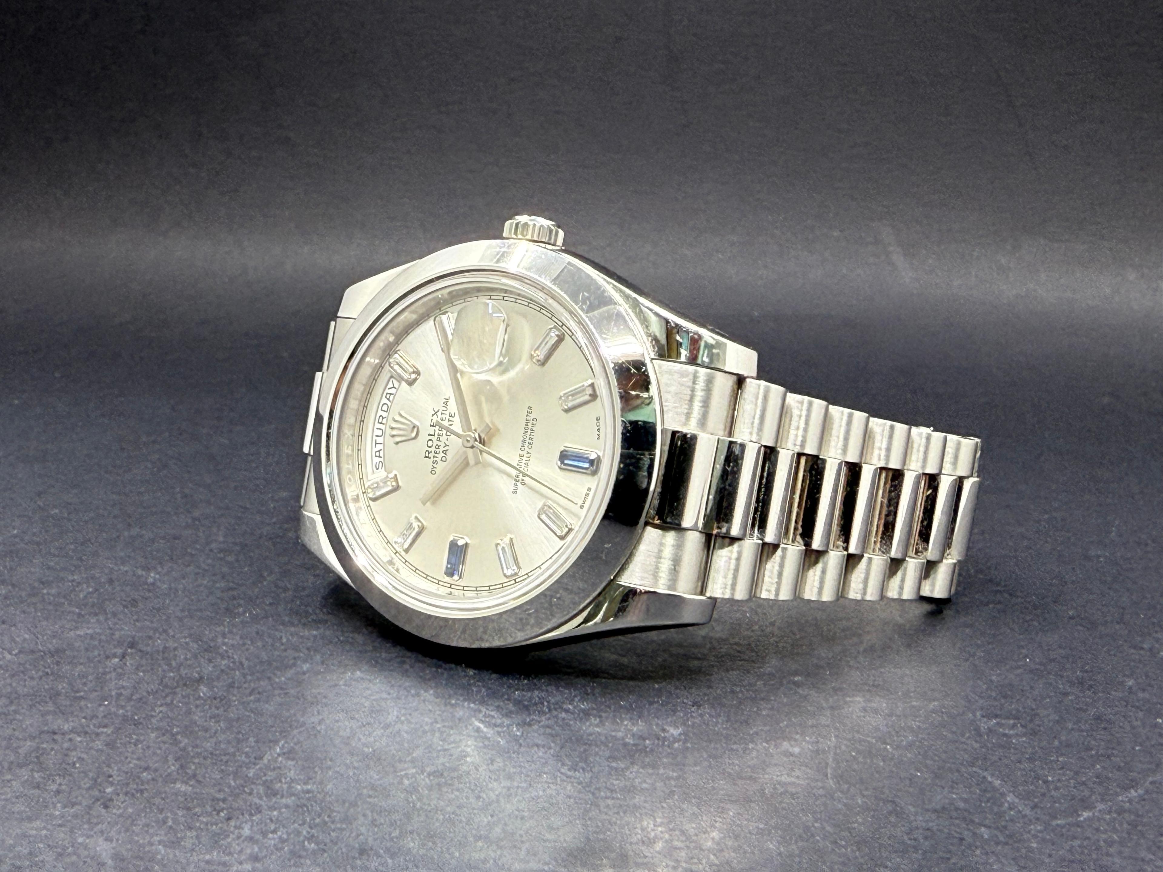 Oyster Perpetual Day Date Platinum Silvery Dial Diamonds Sapphire Indexes - 218206