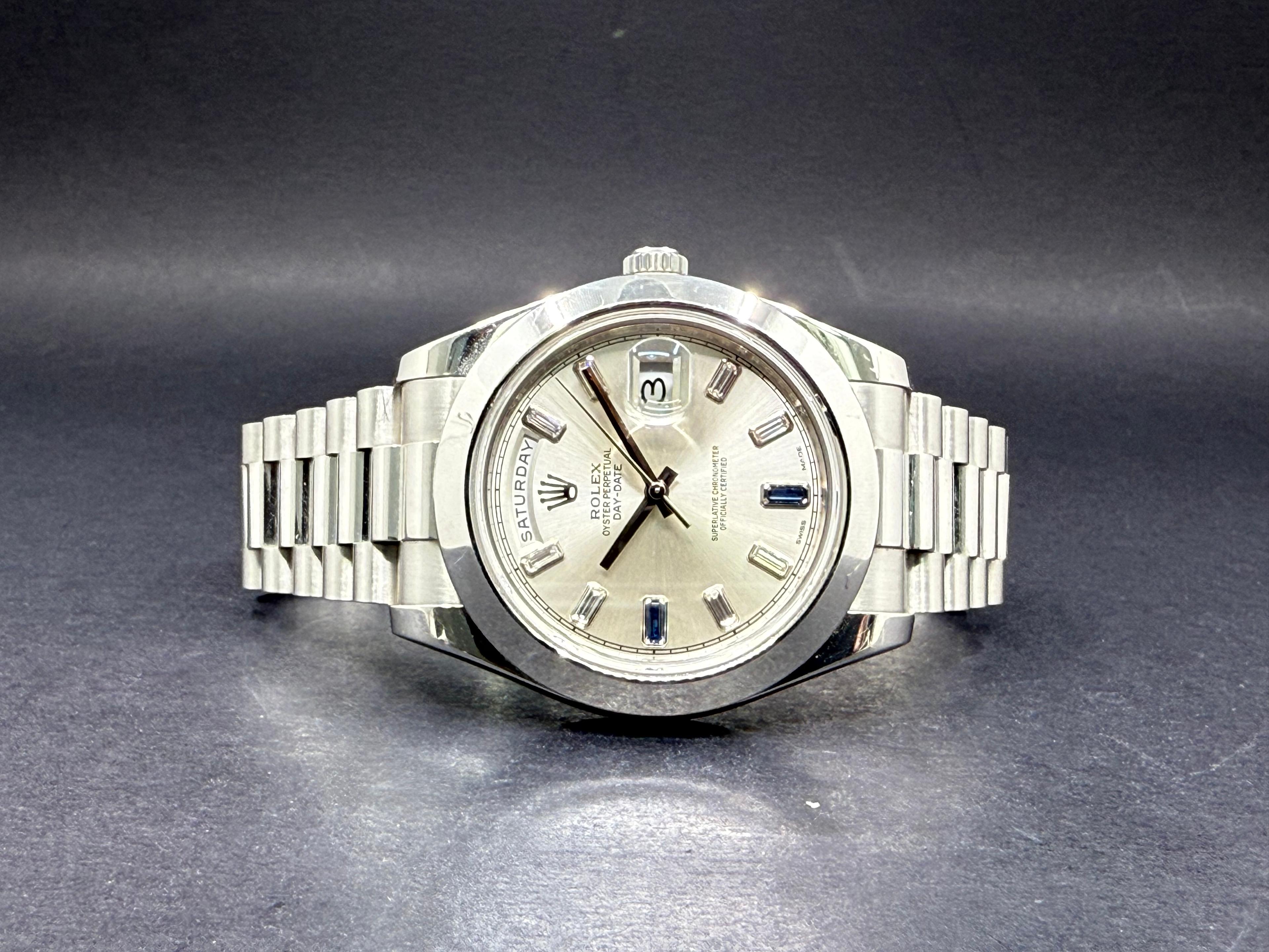 Oyster Perpetual Day Date Platinum Silvery Dial Diamonds Sapphire Indexes - 218206